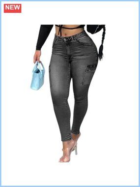 High Waisted Skinny Cargo Jeans Stretch Denim Side Pockets Streetwear